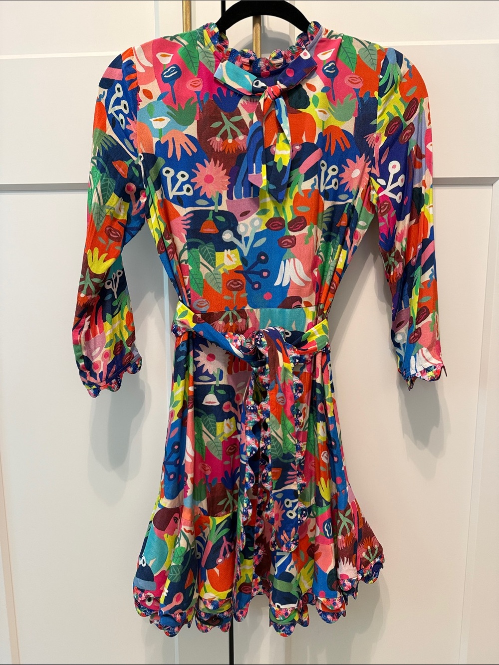 Celia B Floral festive mini dress with belt and 3/4 length sleeves